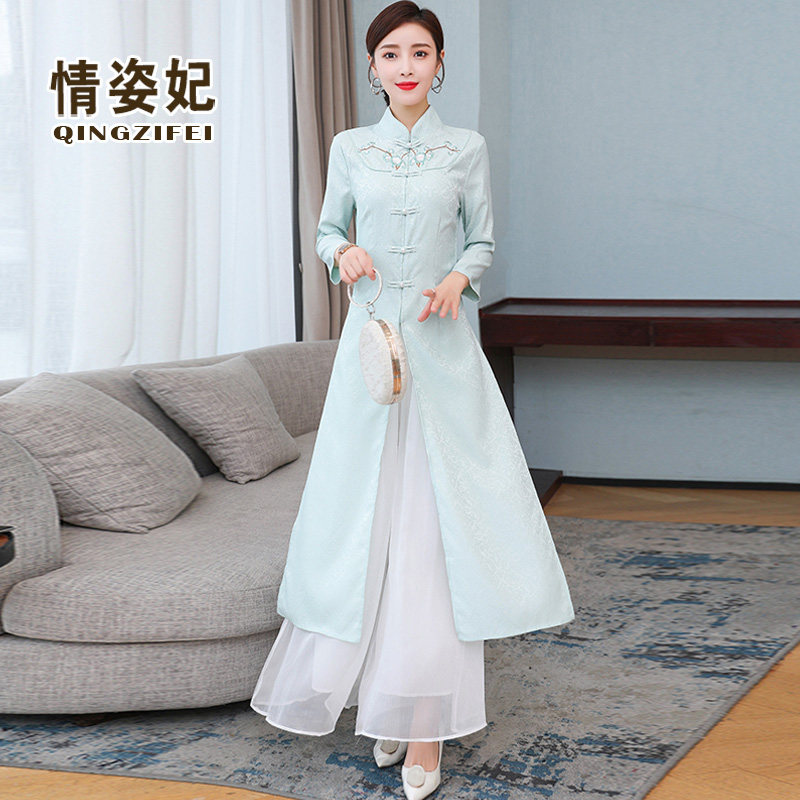 秋冬禅意文艺女装中式汉服改良旗袍连衣裙中国风唐装茶服两件套女