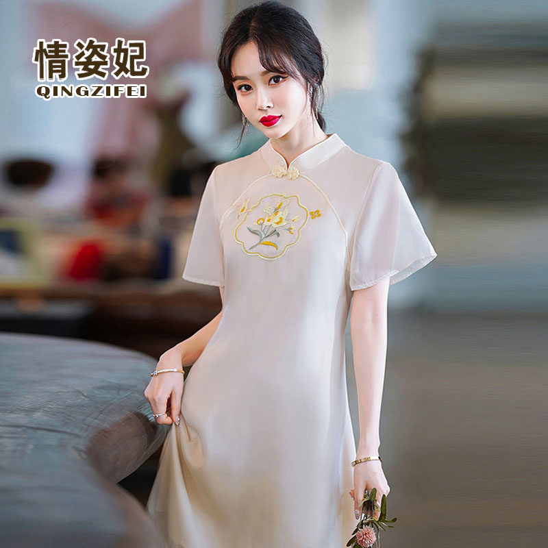 仙气汉服女改良版旗袍2022夏新款短袖采耳工作服禅意茶艺服连衣裙