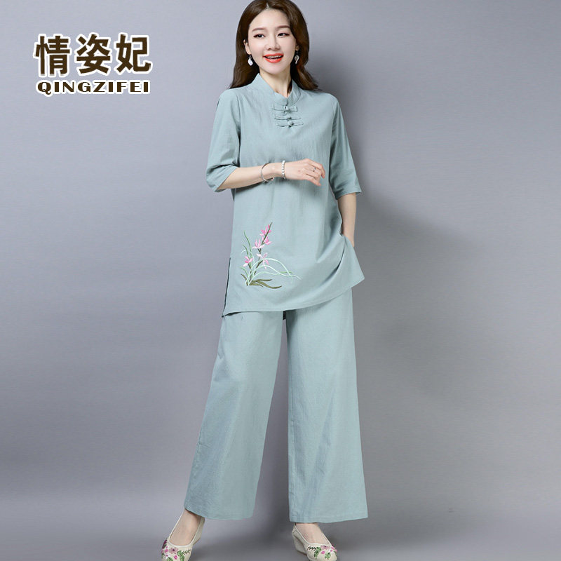 夏装中式棉麻瑜伽服居士服唐装套装中国风汉服禅意女装茶服两件套