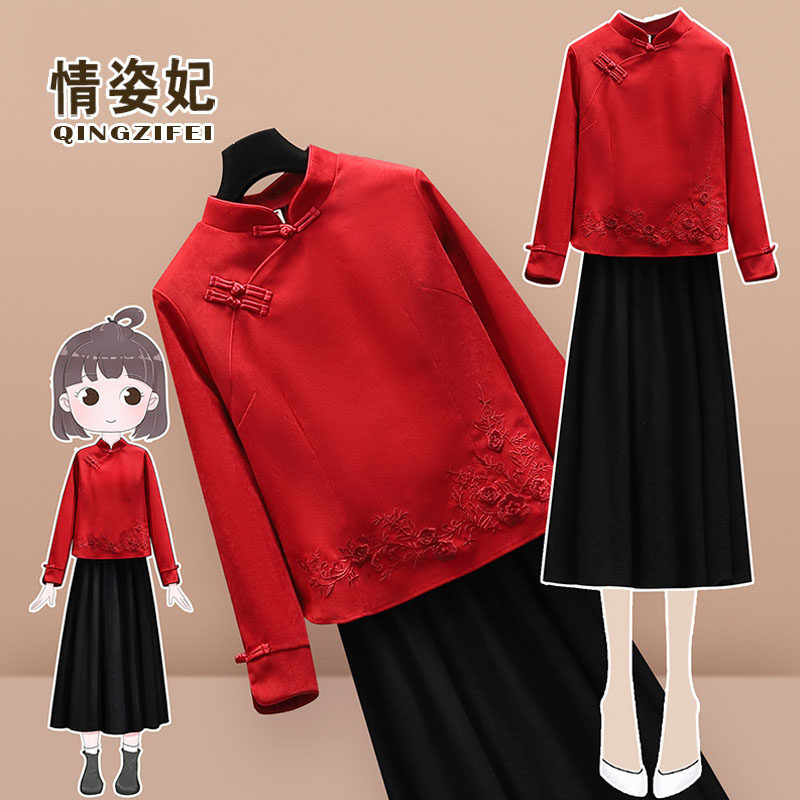 秋冬汉服复古禅意女装茶服大码红色唐装改良旗袍上衣中国风两件套