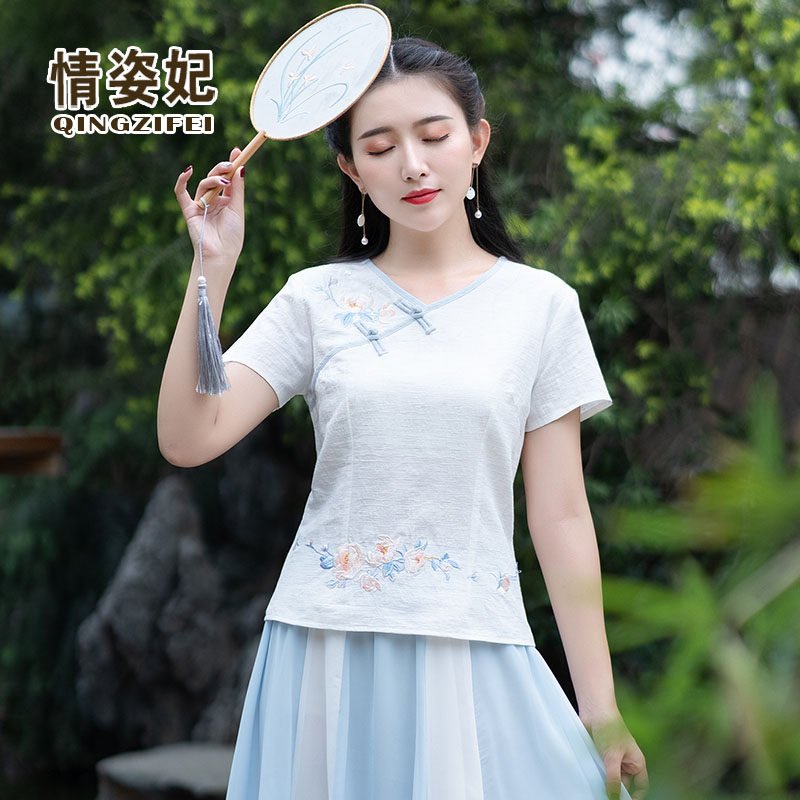 小清新棉麻绣花上衣夏装中国风绣花短袖茶服改良汉服旗袍两件套