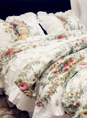 田园风小碎花全棉四件套纯棉白色床单床裙四件套花边被套床上用品