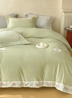 加厚牛奶绒新中式刺绣花卉四件套绿色花边拼接被套秋冬床品套件