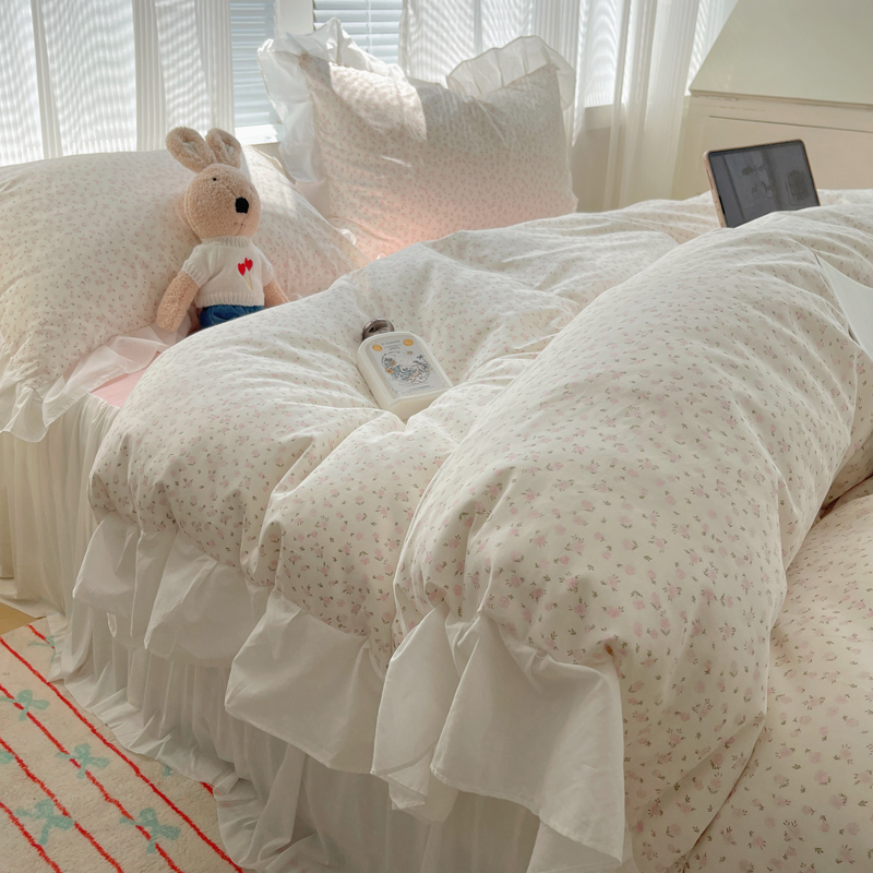 田园风白色小碎花四件套纯棉花边被套床单全棉韩式公主床上用品