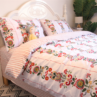 美式 田园简约花卉活性印花床单床笠式 床上用品四件套全棉纯棉被套