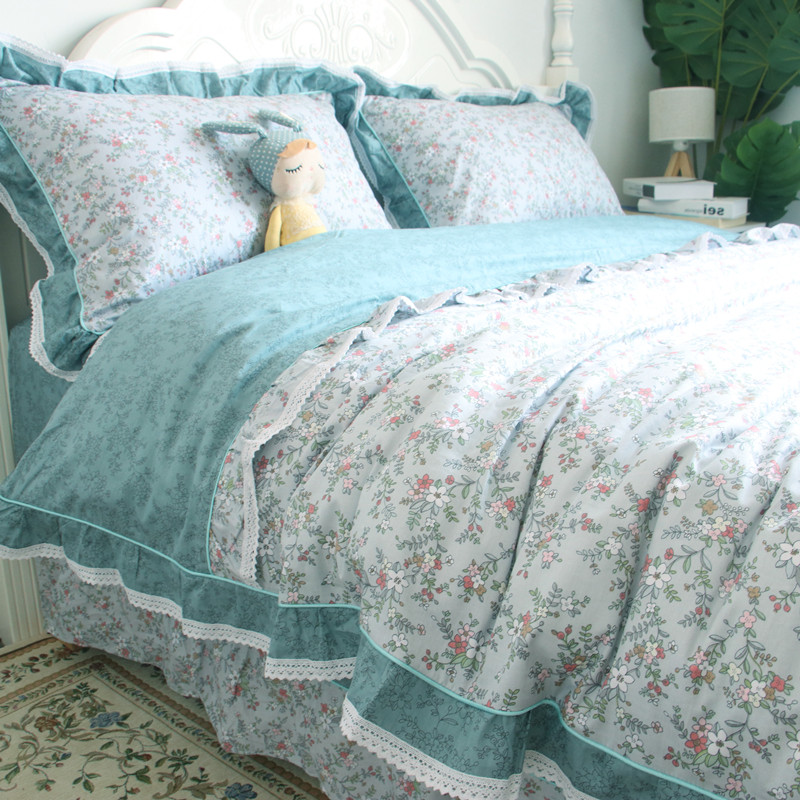 美式田园风清新花卉小碎花荷叶边四件套纯棉全棉蕾丝花边床单被套