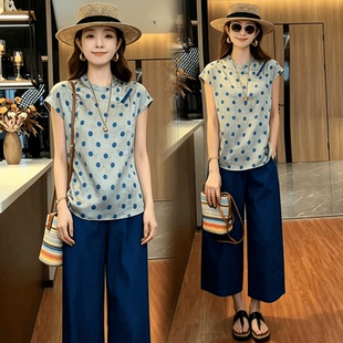 休闲时尚套装女夏季新款蓝色波点短袖上衣高腰七分阔腿裤子两件套