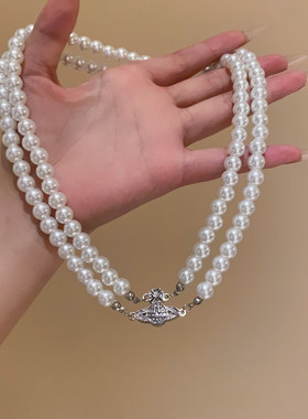 双层珍珠土星项链女秋轻奢叠戴choker颈链礼服配饰多层小众毛衣链