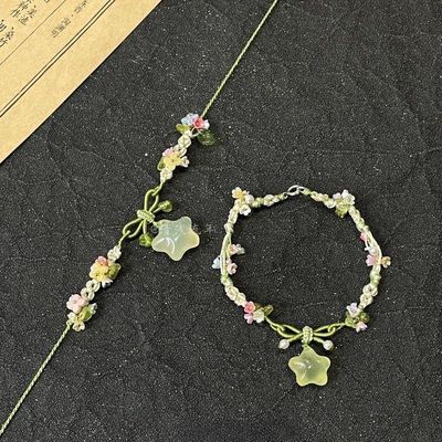 夏天冰透小星星绿水晶五彩小花编织项链手绳百搭个性甜美可爱