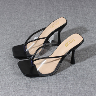 女细跟中空欧美ins风外贸大码 PVC夹趾超高跟凉鞋 凉拖 新款 2024夏季
