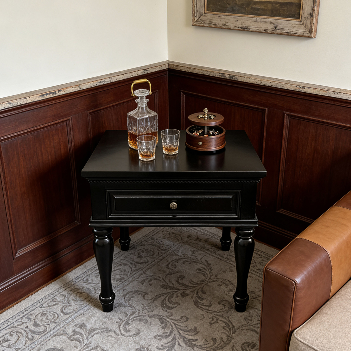 美式复古黑色实木边几方形储物角几客厅沙发小茶几抽屉设计小方几