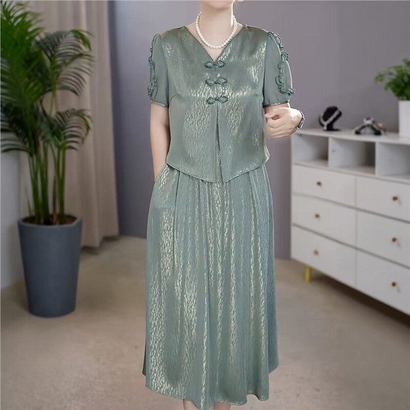 优雅绿色短袖高腰显瘦礼服裙