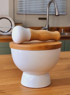 韩国白色蒜臼辅食研磨器捣药罐研磨手动捣蒜擂钵调料粉末器