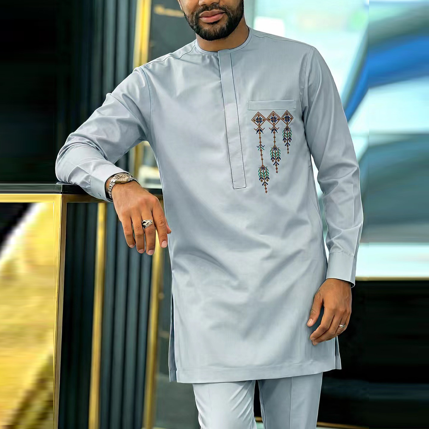 African Men 2pc Suit非洲男士聚会礼服刺绣传统服饰套装上衣裤子