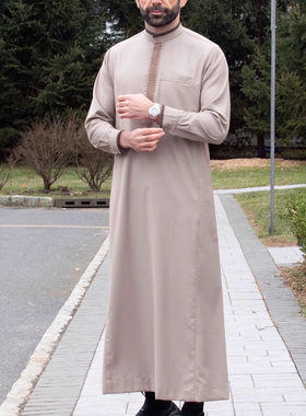 男士立领刺绣民族风休闲长袍宽松Muslim Men Thobe Robe Dress