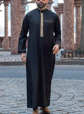 民族风男士长袍迪拜中东宽松长袖刺绣袍子长款衬衫Men Thobe Robe