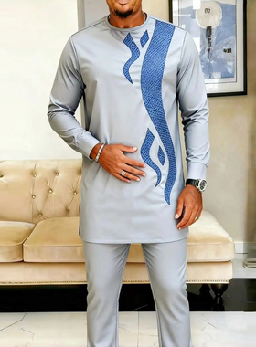 African Men 2Pc Outfits非洲男士套装刺绣宽松上衣+裤子中东礼服