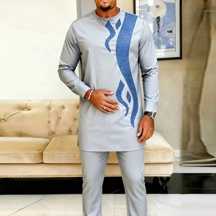 Outfits非洲男士 2Pc 套装 刺绣宽松上衣 子中东礼服 African 裤 Men