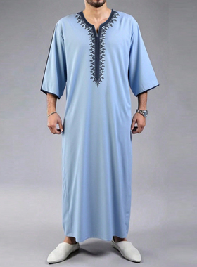 Islamic Muslim Embroidery Robe Arab Thobe迪拜阿拉伯男士长袍