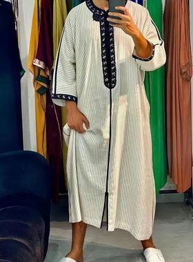 迪拜中东长袍摩洛哥袍子刺绣宽松休闲大褂Muslim Men Thobe Robe