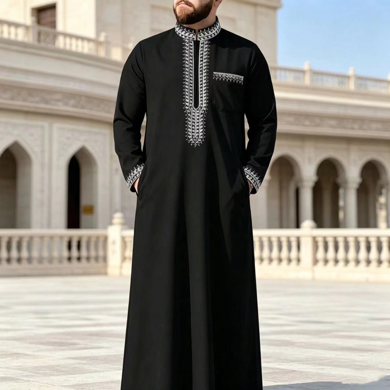 Arab Thobe Dress摩洛哥男士立领黑袍宽松大码长款衬衫民族服饰