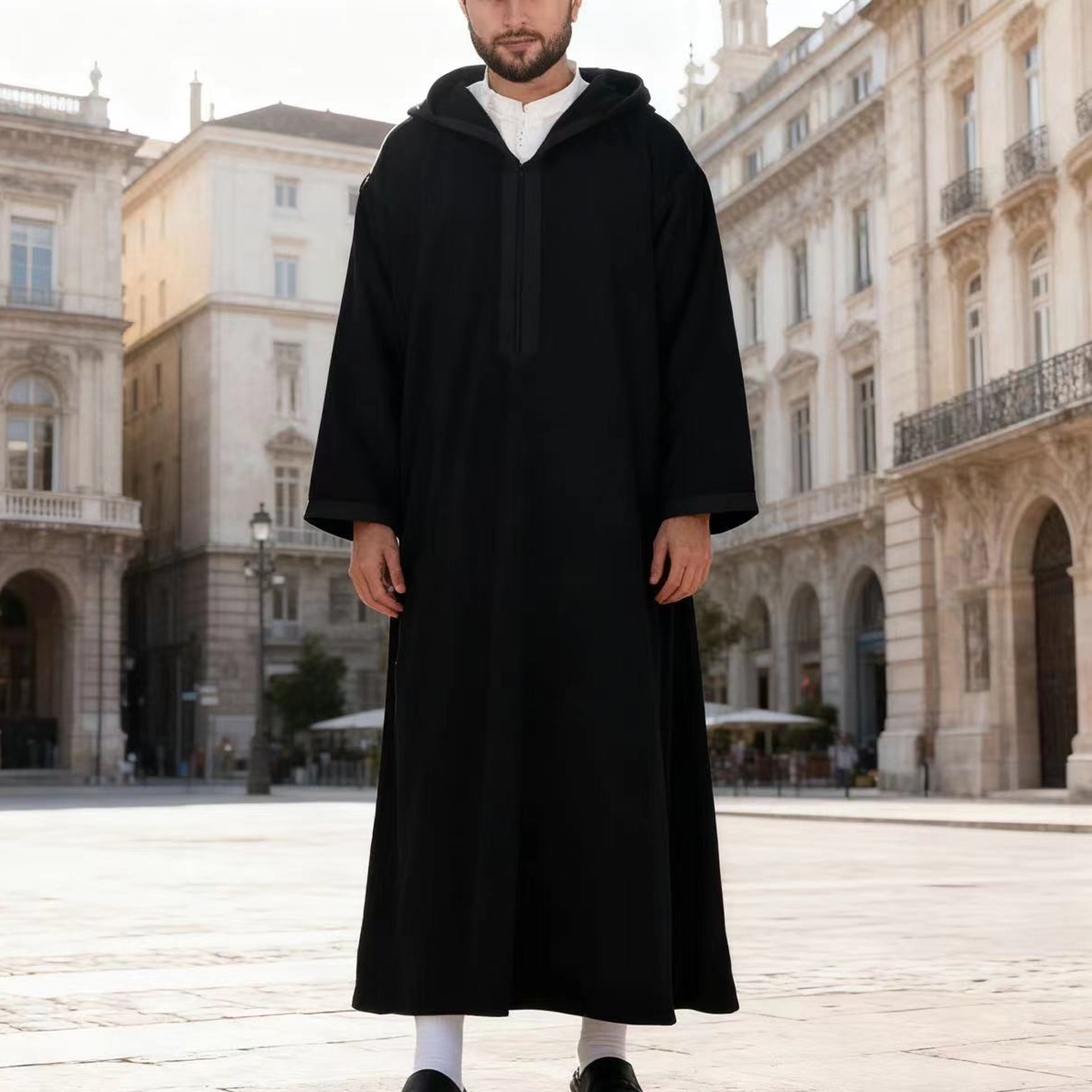 男迪拜长袍连帽穆斯林礼拜服袍子