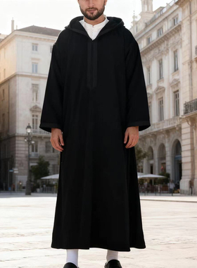 阿拉伯男迪拜长袍连帽宽松穆斯林带口袋民族服饰长衫Muslim Thobe
