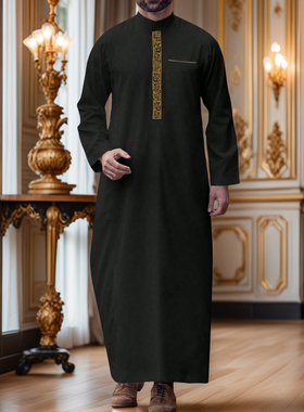 Araba Thobe Muslim Men Dress男士立领长袖刺绣长衫民族休闲长袍