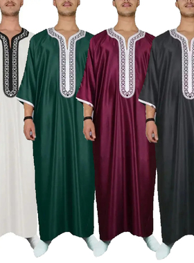 男士刺绣长袍袍子礼拜服Muslim Men Thobe民族风休闲巴基斯坦长衫