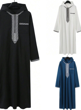 Muslim Men Robe Thobe Long Dress刺绣宽松连体衣大褂立领休闲