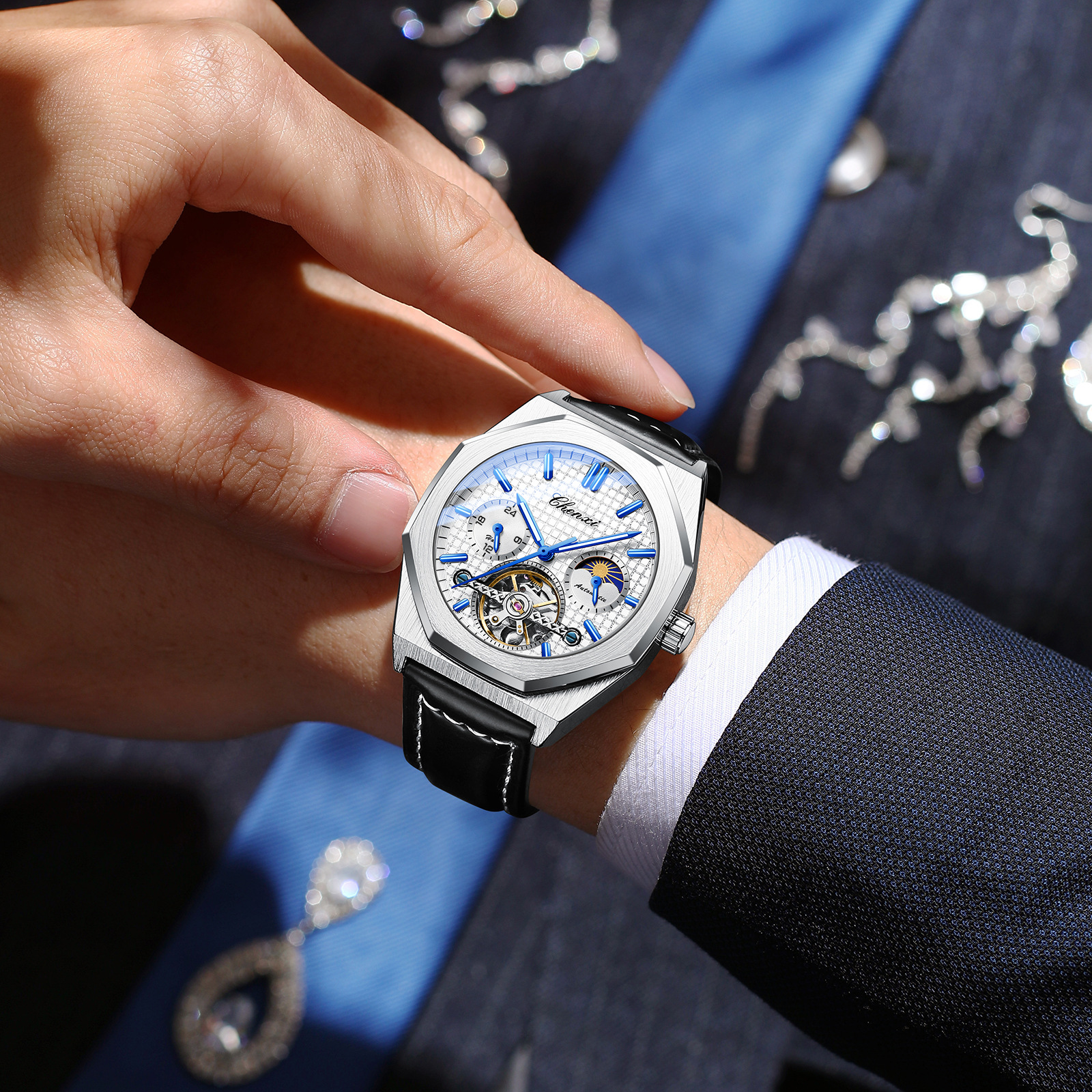 晨曦钢带男表高档飞轮日月星辰直播跨境八角形全自动机械手表男款