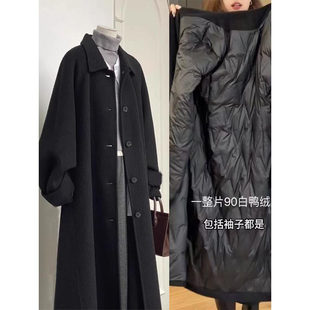 黑色羽绒服内胆毛呢大衣女2024冬季新款小个子中长款加厚呢子外套