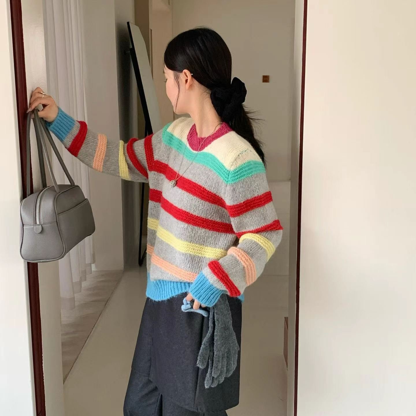 peanut花生家-旧时光色彩录古着风彩色条纹毛衣白彩优质好货