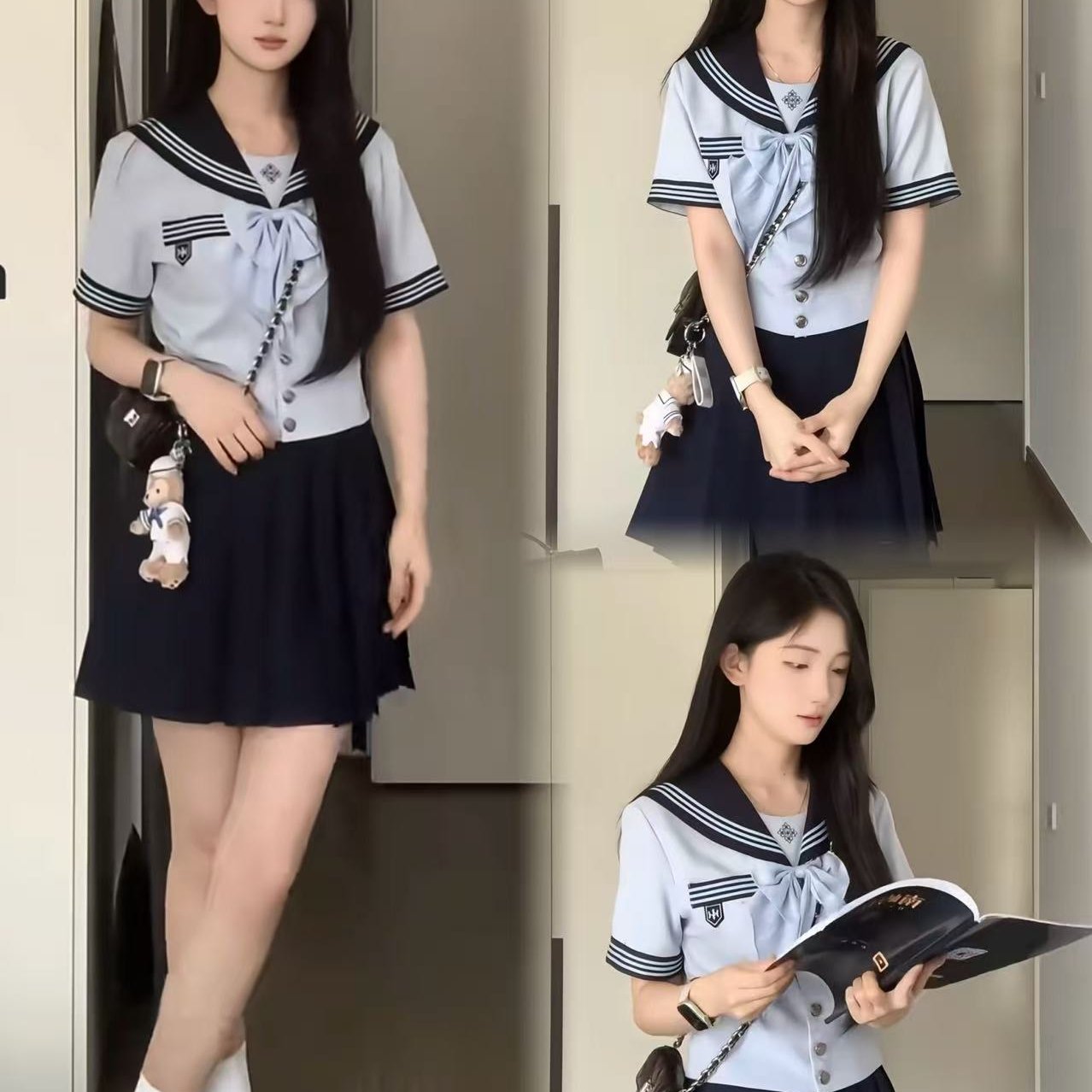 抚蝶女子夏季收腰水手jk制服女套装高腰显瘦a字裙纯色物语