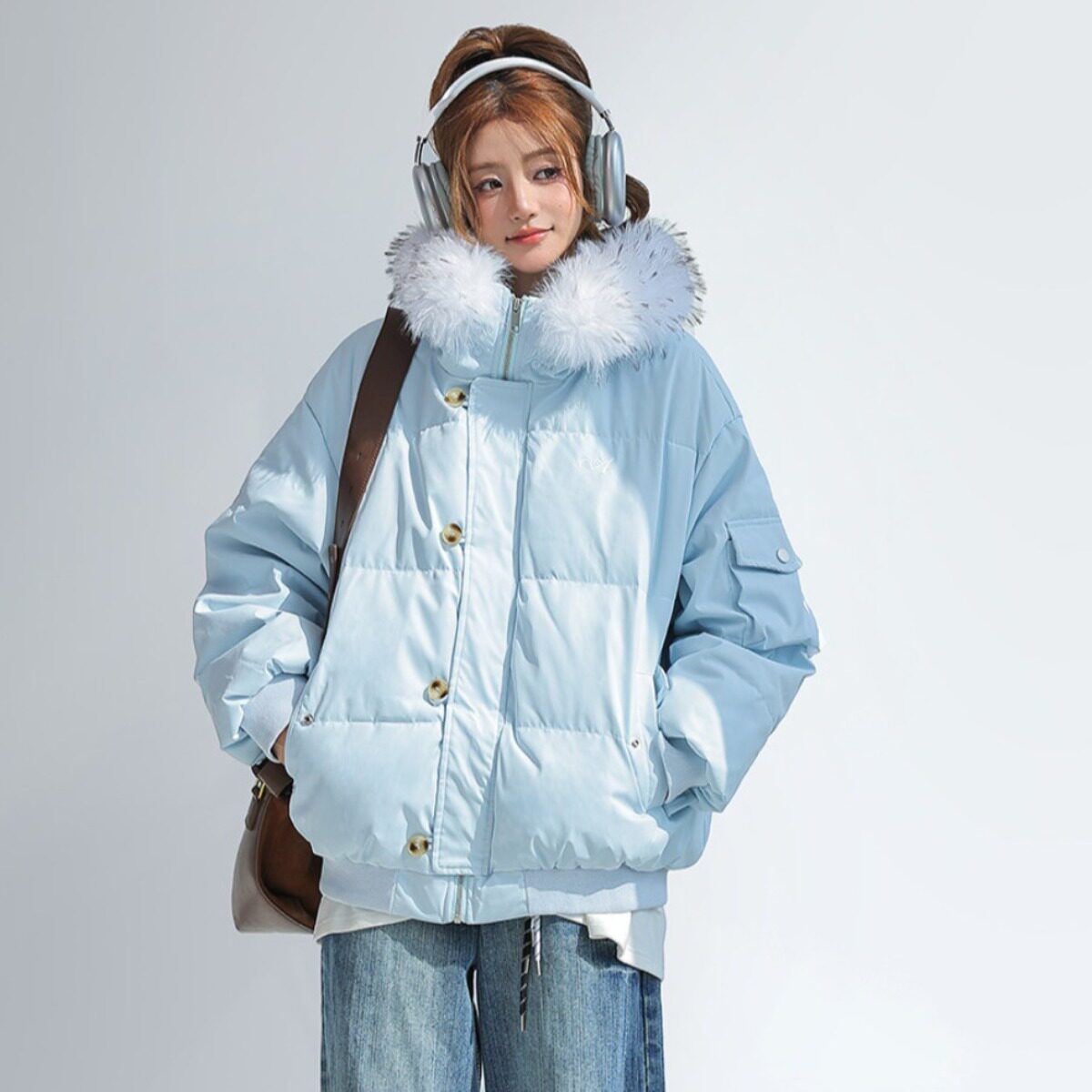 情侣新款连帽毛领羽绒棉服女款冬季小个子面包服宽松大码厚外套
