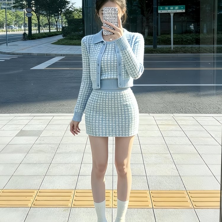 秋冬ootd穿搭一整套小个子独特漂亮小香风背心上衣毛衣半身裙套装
