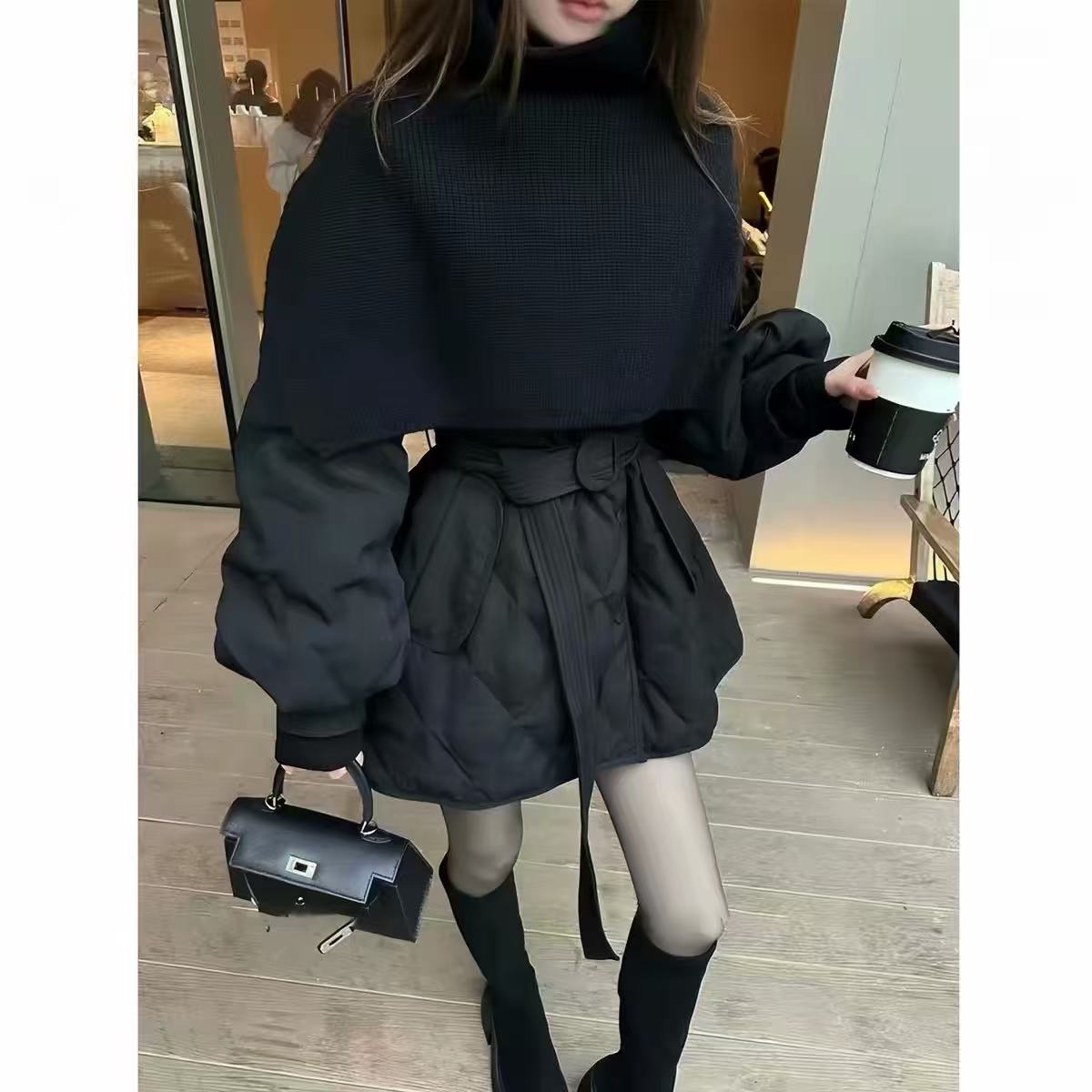 抖音爆款现发 针织围脖披肩羽绒棉服中长款冬系带收腰双排扣外套