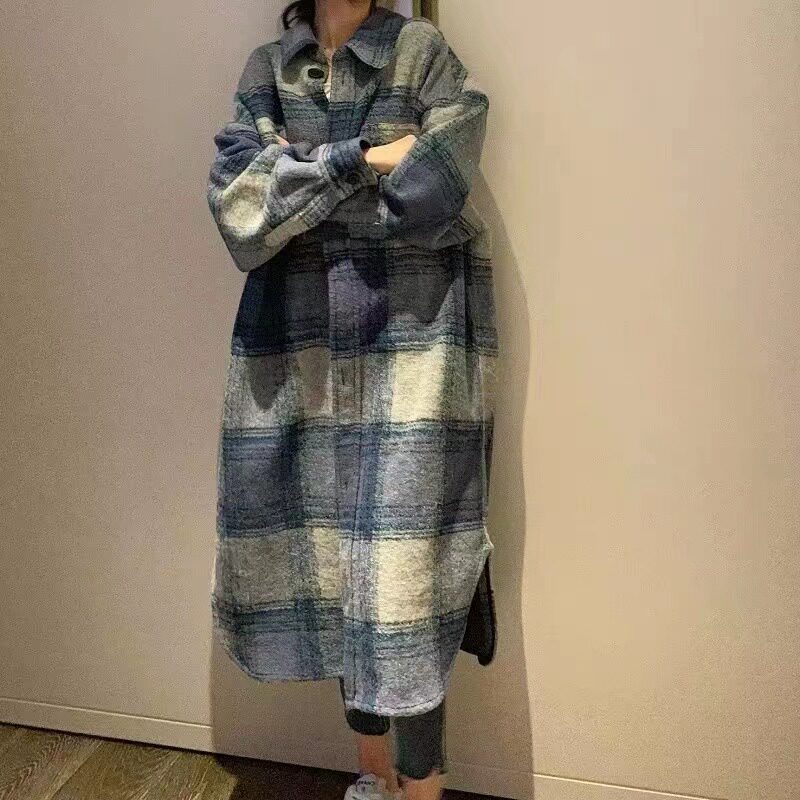 秋冬装新款磨毛高档大码女装宽松格纹羊外套格子中长款大衣