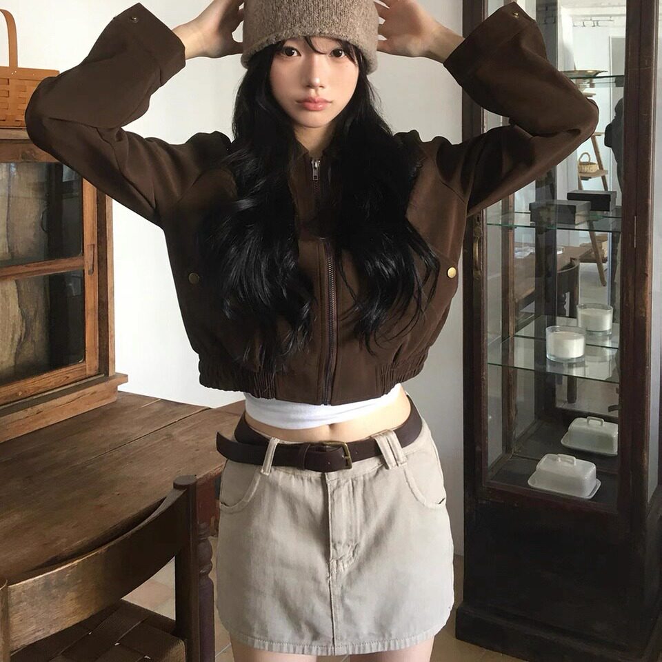 韩国chic法式复古风翻领口袋宽松百搭短款长袖夹克外套女