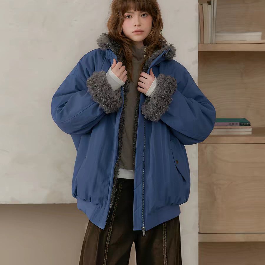 Amweird 25aw“深邃的海”蓝色拼接毛绒内胆皮草毛领夹克棉服外套