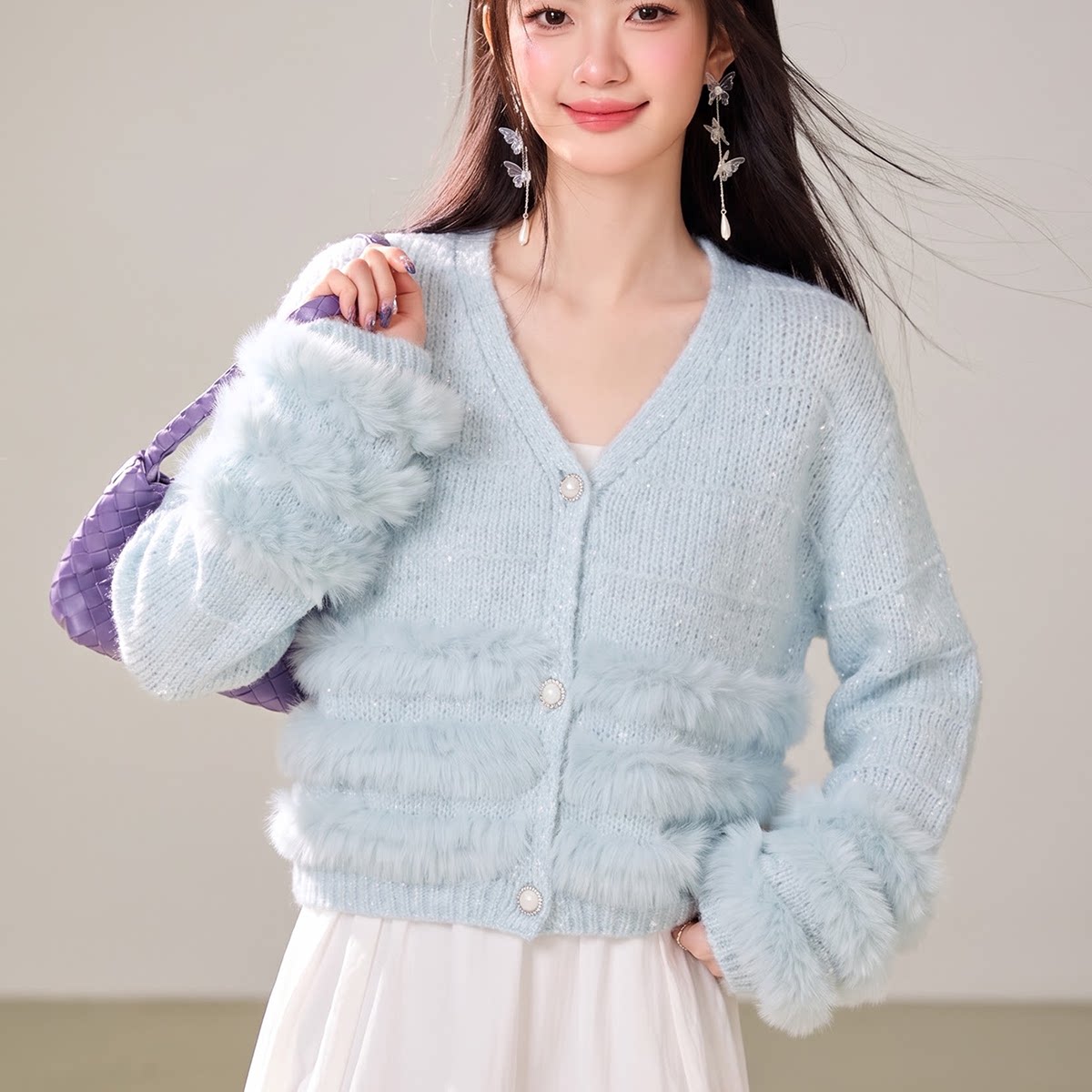 实拍◆有◆粉色毛毛拼接针织开衫女纽扣毛绒毛衣外套长袖V领宽松