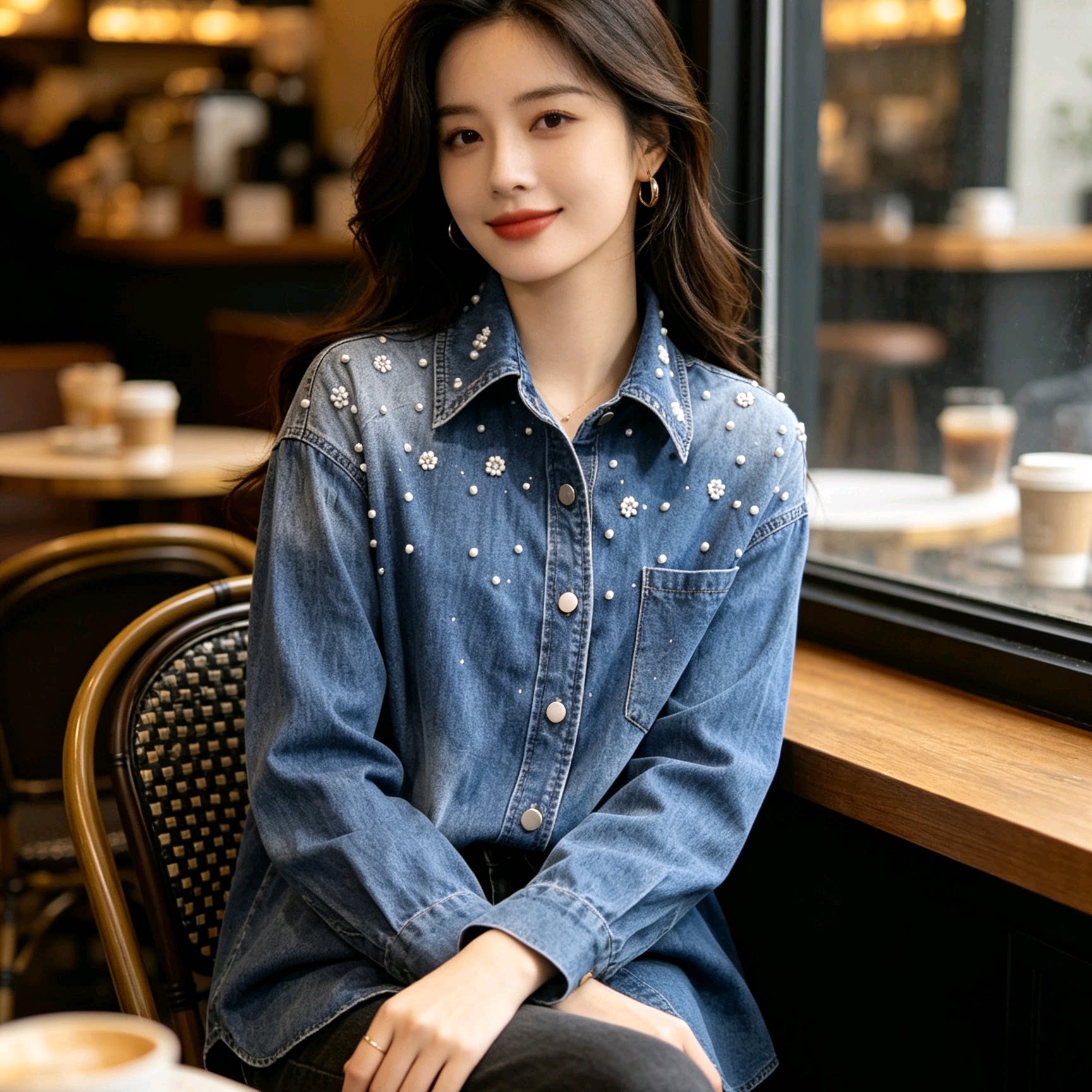 春秋夏款女装法式清新休闲棉质蓝色翻领仿珍珠装饰牛仔衬衫