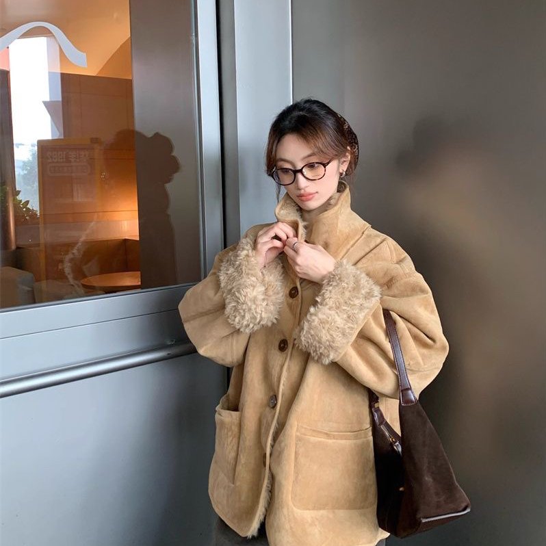 两穿皮毛一体羊羔毛机车服秋冬宽松加厚麂皮毛毛外套女