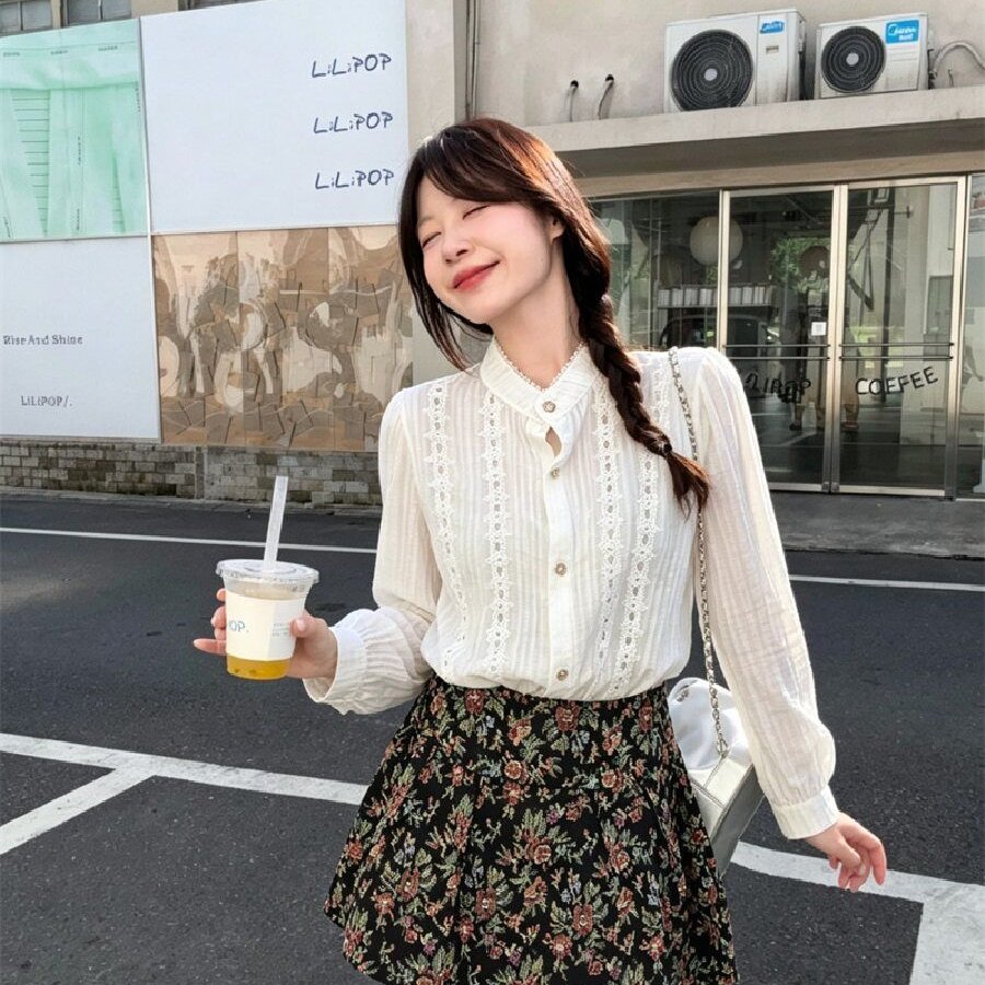 小个子穿搭一整套泡泡袖法式衬衫搭配碎花半身裙两件套装裙女秋装