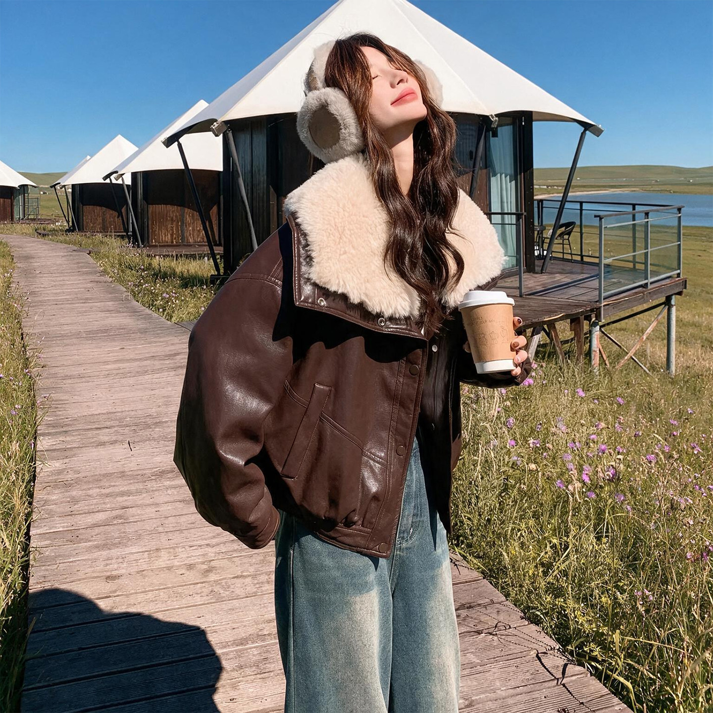 韩系大毛领 PU 皮羽绒服女 2026 冬季短款宽松加厚机车皮衣外套
