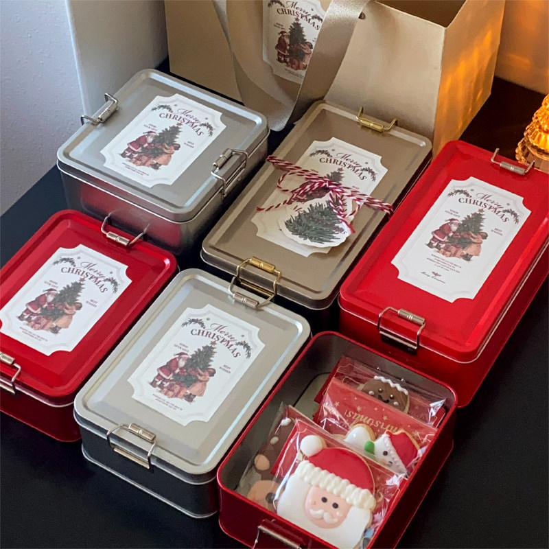 圣诞礼品包装盒马口铁盒手提袋收纳盒饼干蛋糕包装红色银色复古风