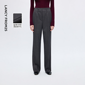 朗姿复古通勤压褶微喇西装 2025年冬季 裤 新款 女深灰色100羊毛西裤