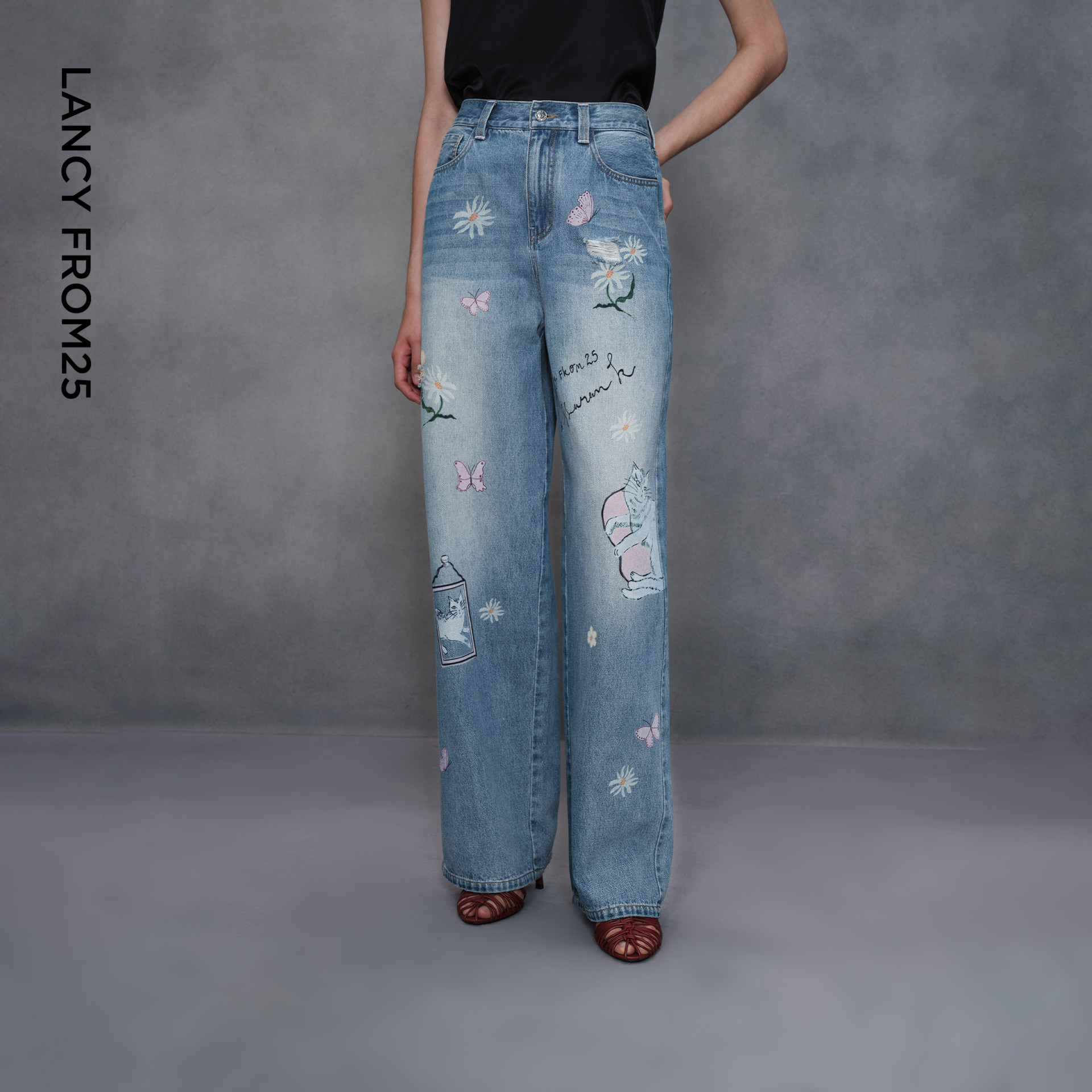 艺术家联名朗姿复古水洗印花阔腿裤休闲通勤牛仔裤2025年冬季新款,女装/女士精品,牛仔裤,淘宝优惠券,粉丝福利购,淘宝优惠卷