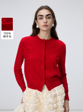 【MONEY HONG】朗姿浮雕绣圆领针织开衫立体钩花2026年春季新款