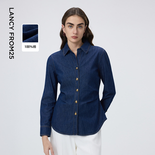 衬衫 朗姿25纯棉复古高级感内搭牛仔衬衣时尚 长袖 新款 气质上衣 春季